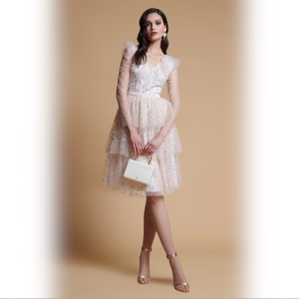 NWT Rachel Parcell Pink Glitter Star Print Tiered Long Sleeve Tulle Dress Sz S